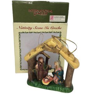 International Bazaar Nativity Scene In Creche Christmas Ornament Ceramic 4" Box